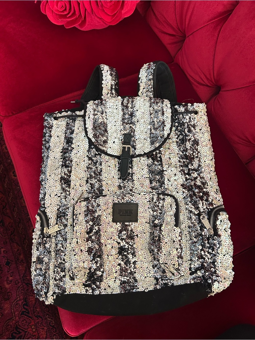 PINK Victoria's Secret Black & Silver Sequin Stripe Backpack